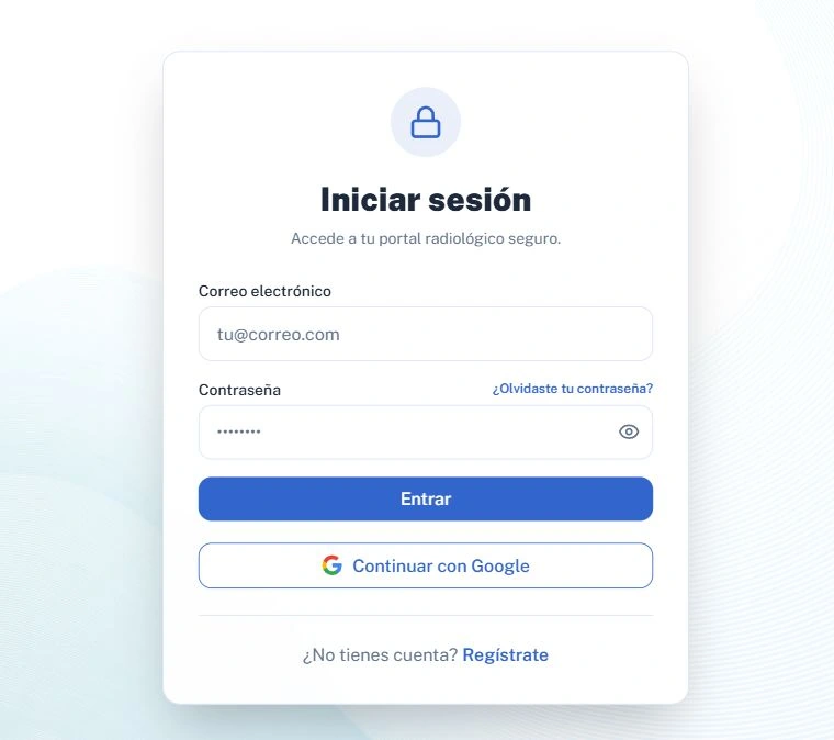 Pantalla real de acceso a RadiCheck con inicio de sesión, acceso con Google y enlace de registro, sin credenciales ingresadas.