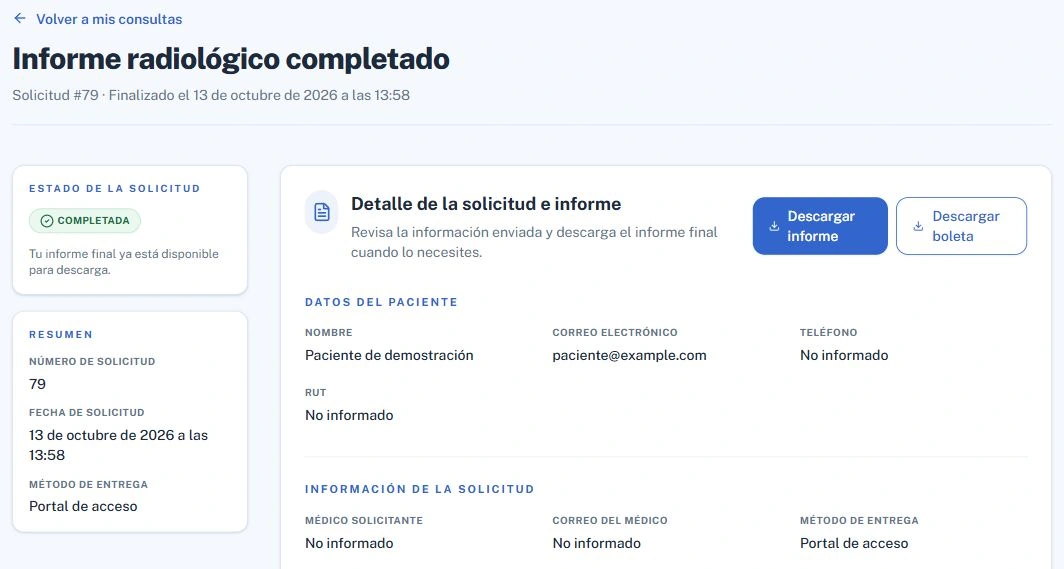 Detalle real de una solicitud de demostración finalizada en RadiCheck, con estado Completada y acciones Descargar informe y Descargar boleta.
